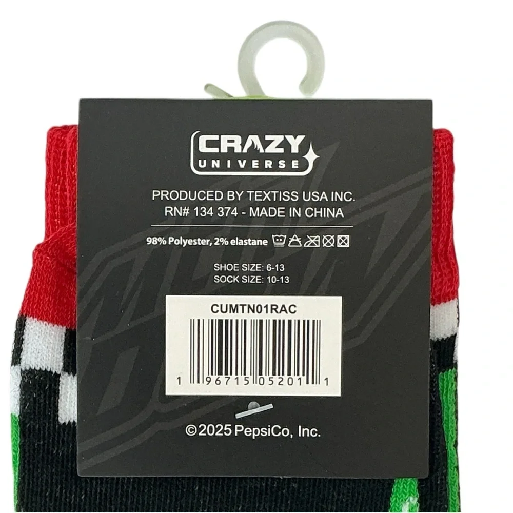 Mountain Dew Crew Socks Novelty Reinforce Toe Black Green Red Unisex Men 6-13